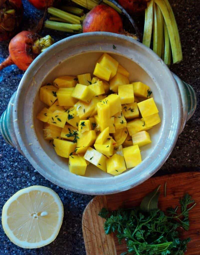 Roasted Golden Beets in a baking dish