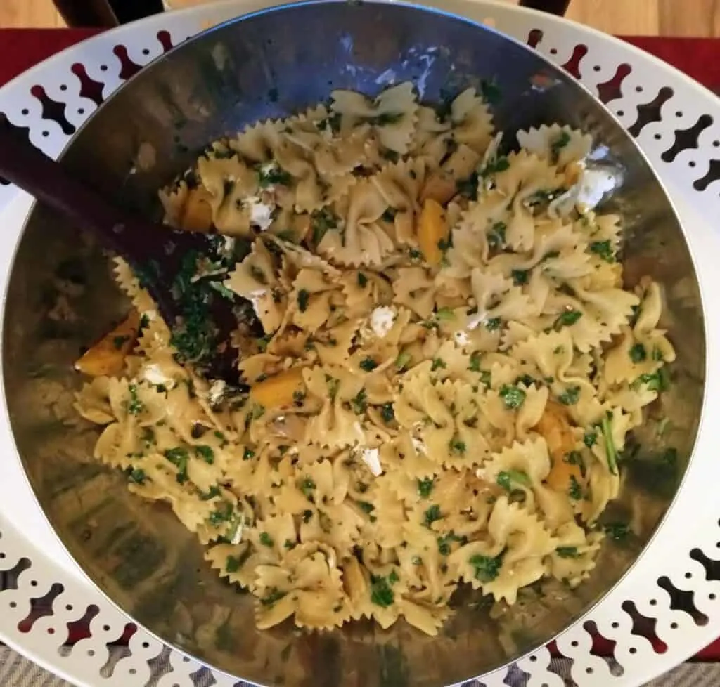 Farfalle with Golden Beets in aserving bowl