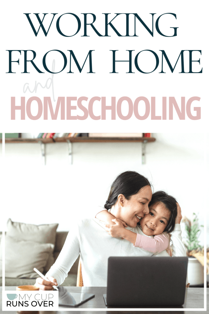 working from home and homeschooling | a mom with a laptop hugs her daughter