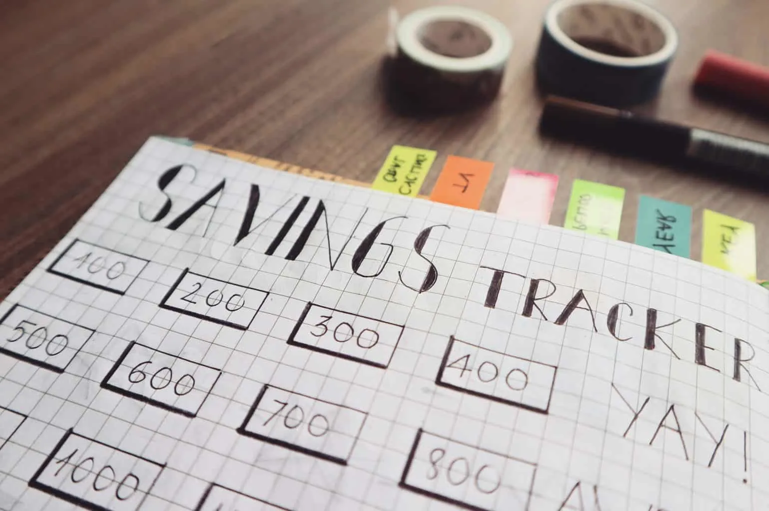 savings tracker spreadsheet on graph paper. Follow these tips for saving money in 2020