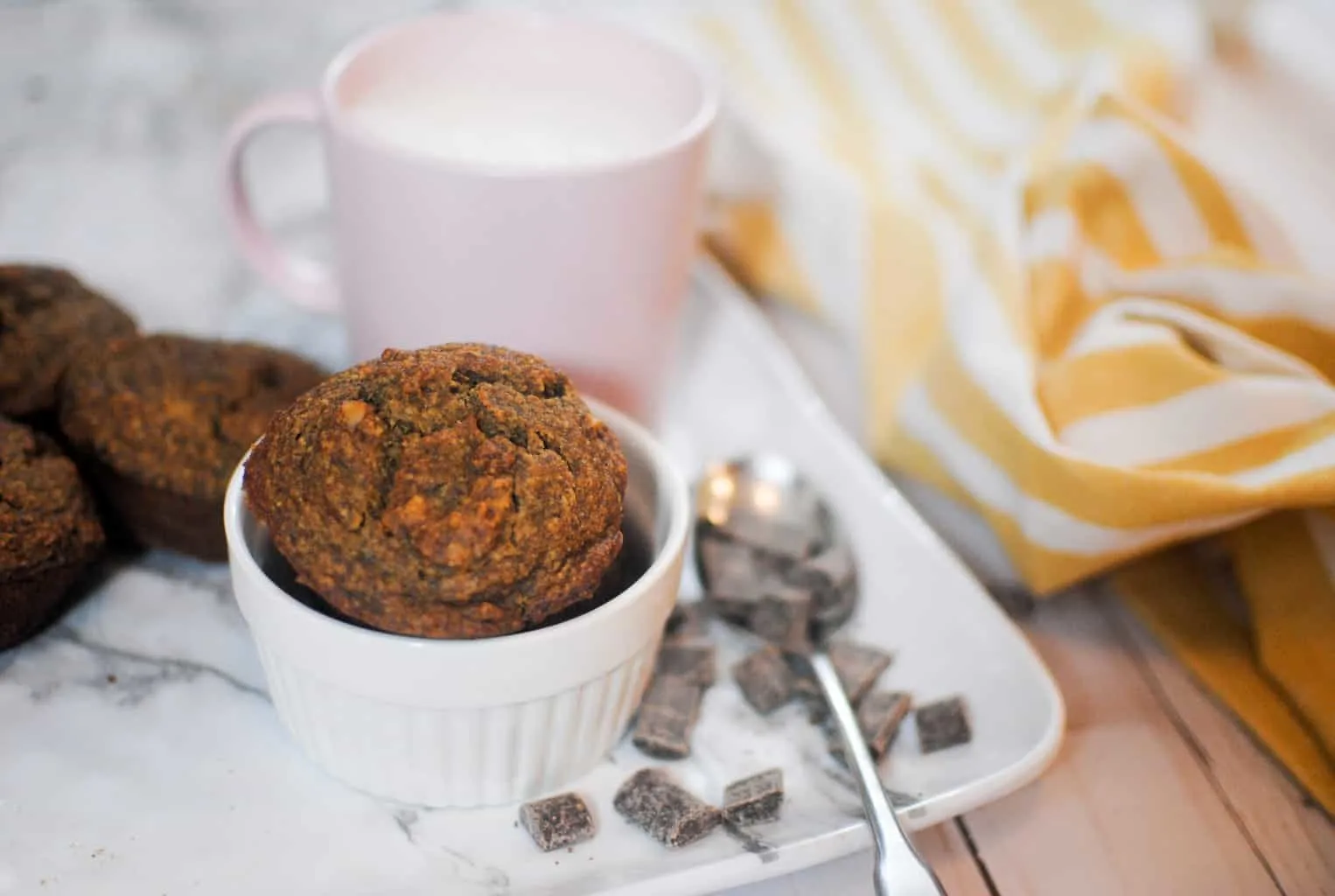 Gluten-free vegan banana chocolate chip muffin recipe: muffins in a bowl beside a pink cup of steamed milk and a spoonful of chocolate chunks