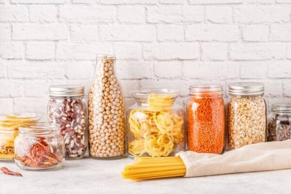 dried goods in variously sized jars