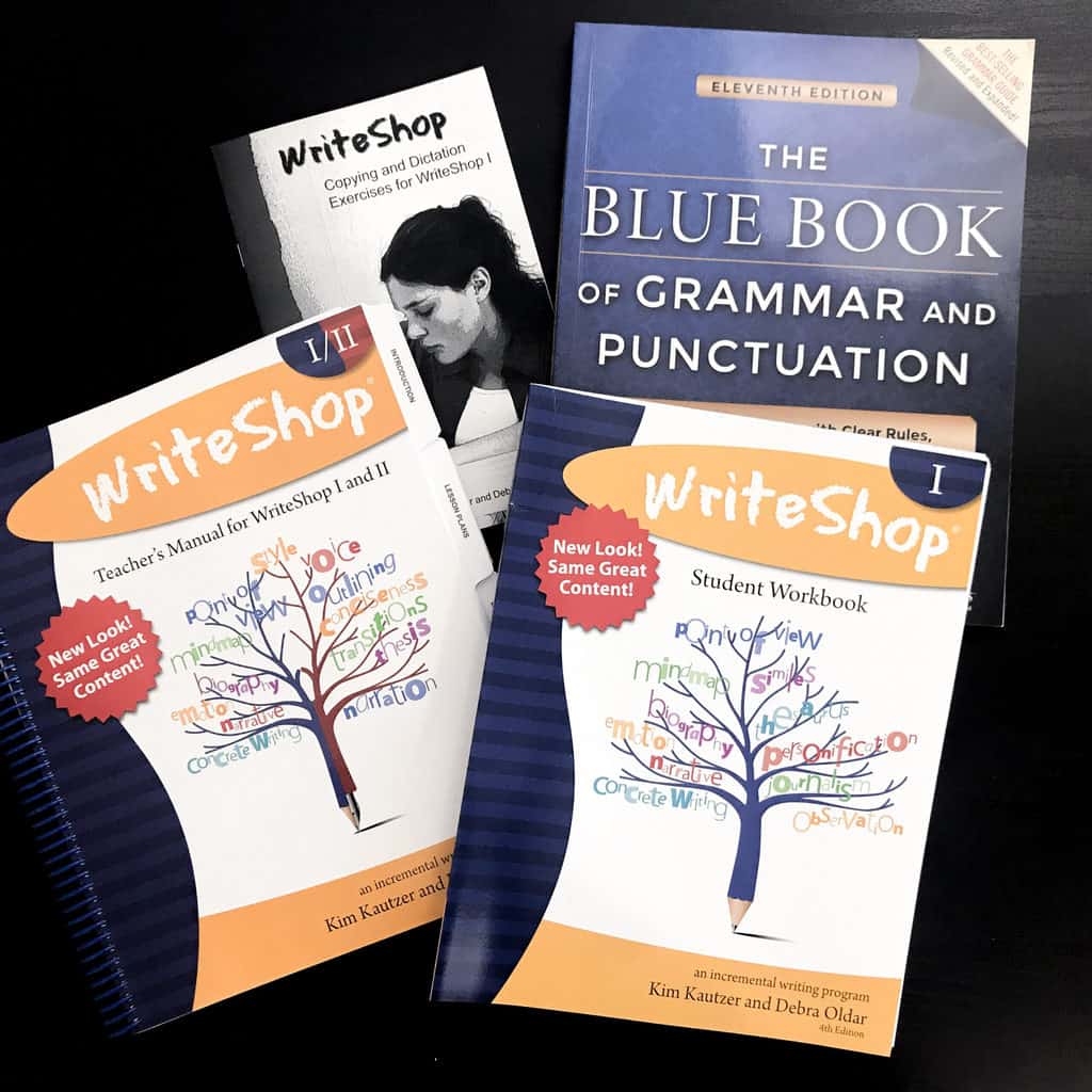 Writeshop 1 starter bundle includes a teacher's manual, a student workbook, copy and dictation exercises and a Blue Book of grammar and punctuation