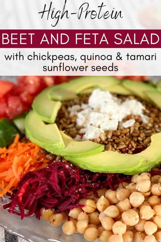 High-protein beet salad with feta, chickpeas, quinoa, and tamari sunflower seeds