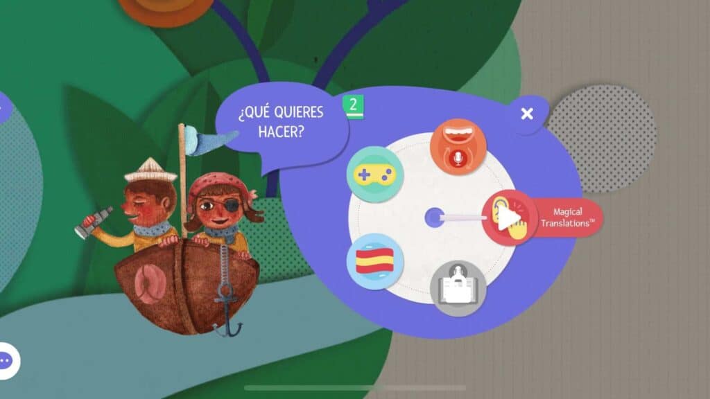 FabuLingua Spanish Learning App screenshot: this menu shows the different games and activities kids can do to learn Spanish within the app