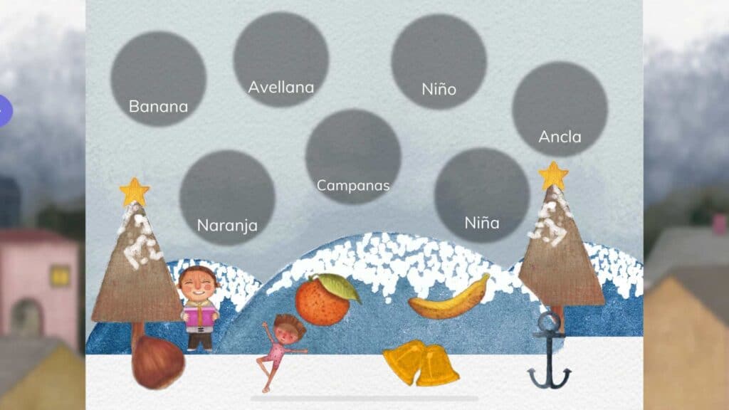 This matching game in the FabuLingua app helps kids learn Spanish by making connections between pictures they've seen in stories and their matching Spanish words