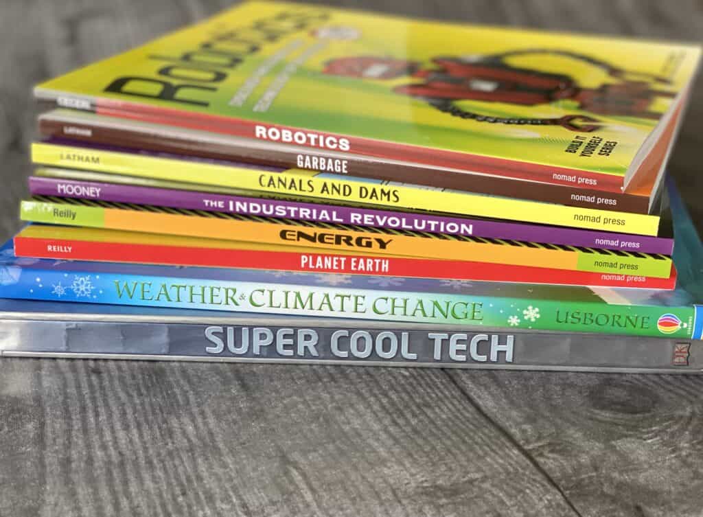 BookShark Science's Level H Homeschool Science Curriculum includes several great books, such as Super Cool Tech, Weather and Climate Change, and Robotics. 