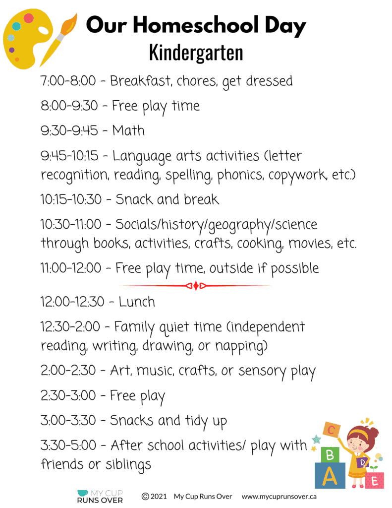 sampled daily homeschool schedule for kindergarten