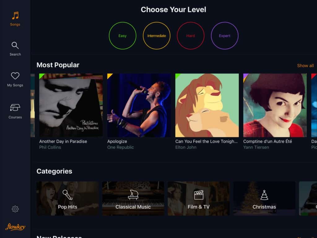 flowkey homepage lets you browse songs at different levels
