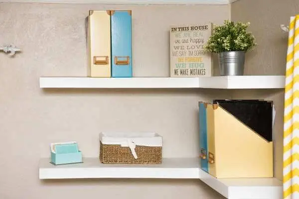 floating shelves are a great space saver in a small homeschool room space