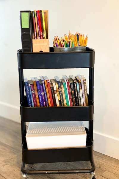 rolling cart with homeschool supplies