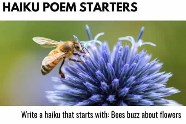 Haiku Poetry Starters - a picture of a bee on a flower and a poetry writing prompt for kids