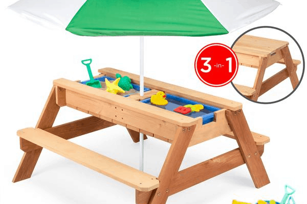 a picnic table that converts to a sand or water station can be great fun for kids in that backyard