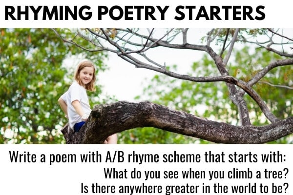 Rhyming Poetry Starters - a picture of a child in a tree and a poetry writing prompt for kids