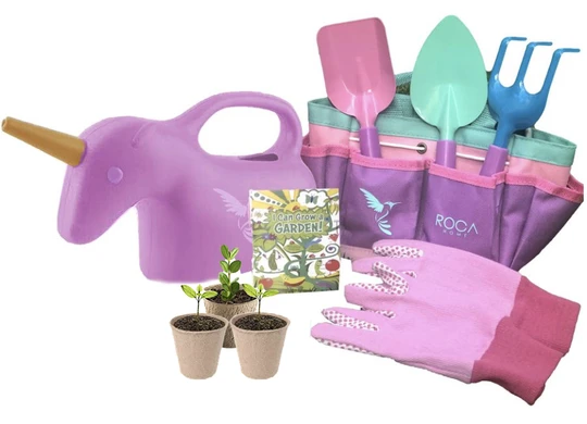 Roca pink gardening tools set with gloves