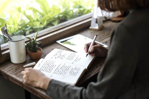 A woman writes in a journal by a window