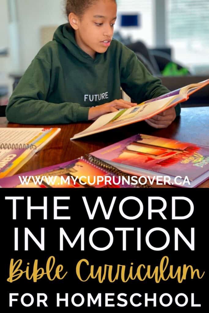 The Word in Motion Bible Curriculum for Homeschool |. a girl reads a textbook at a table