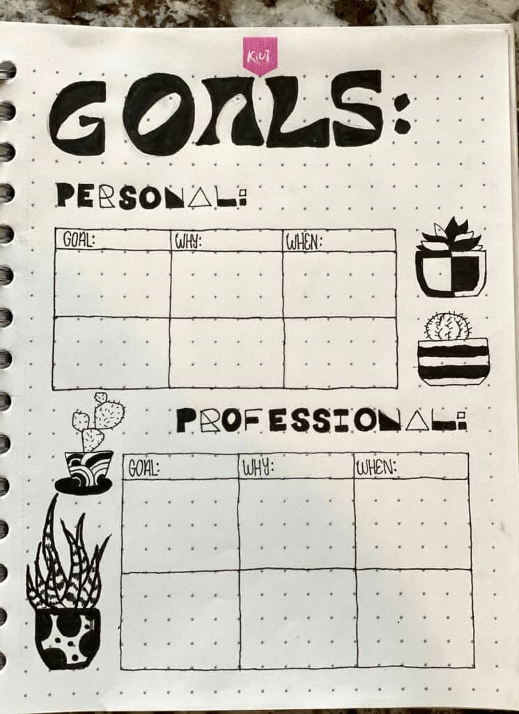 black and white bullet journal goal setting spread