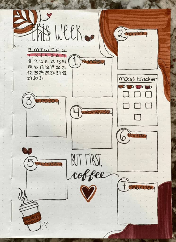 coffee-themed bullet journal goal setting spread