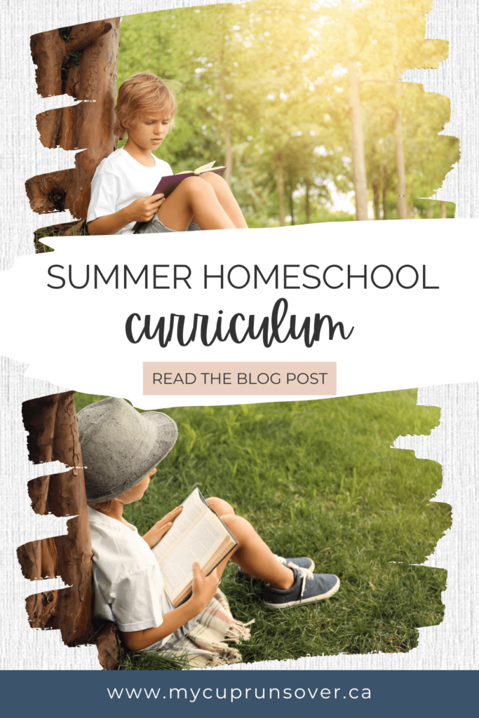 summer homeschool curriculum - text overlay and two images of a boy reading outside under a tree