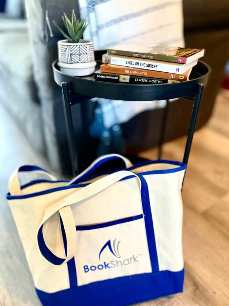 bookshark bag and books on a table