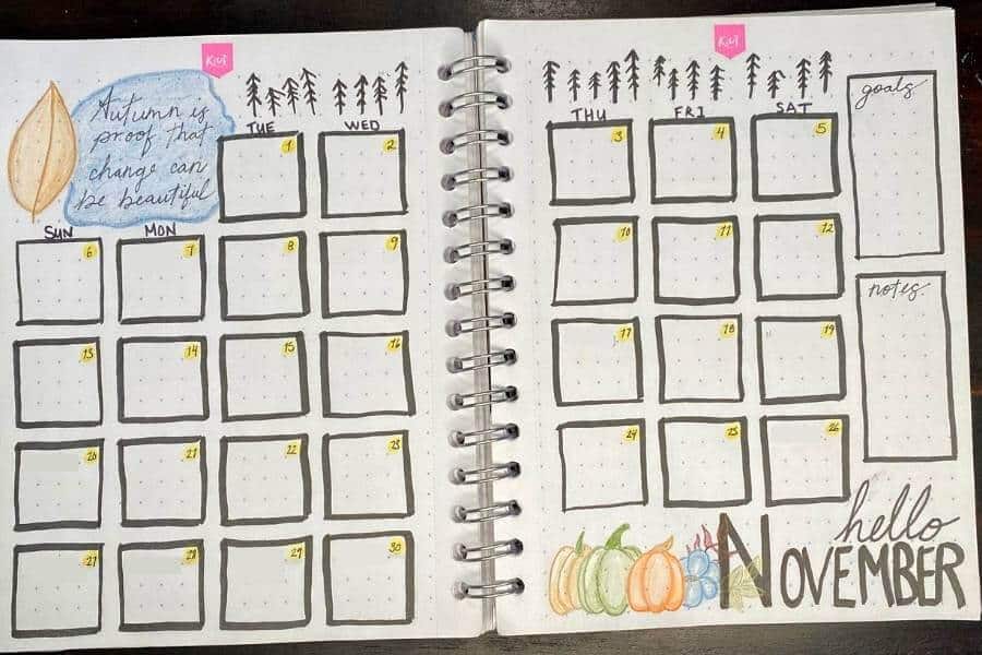 November bullet journal ideas - monthly overview spread