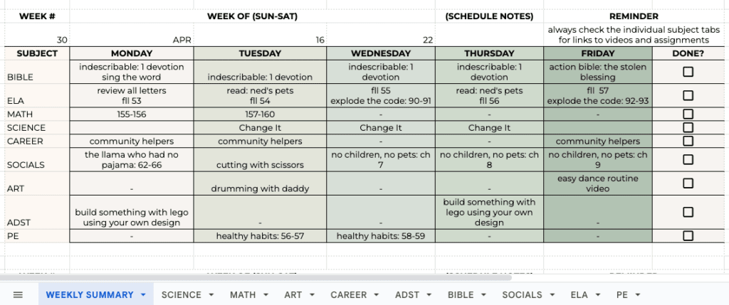 using Google Sheets for homeschool planning