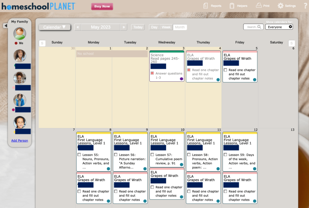A calendar view in Homeschool Planet online homeschool planner