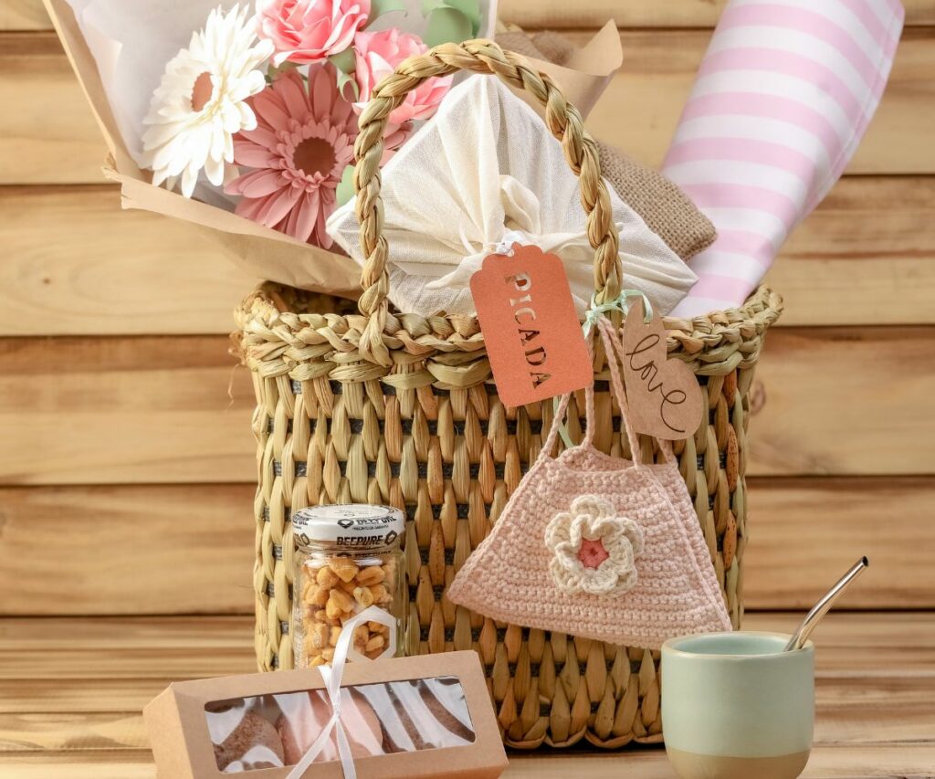 gift basket with flowers and goodies
