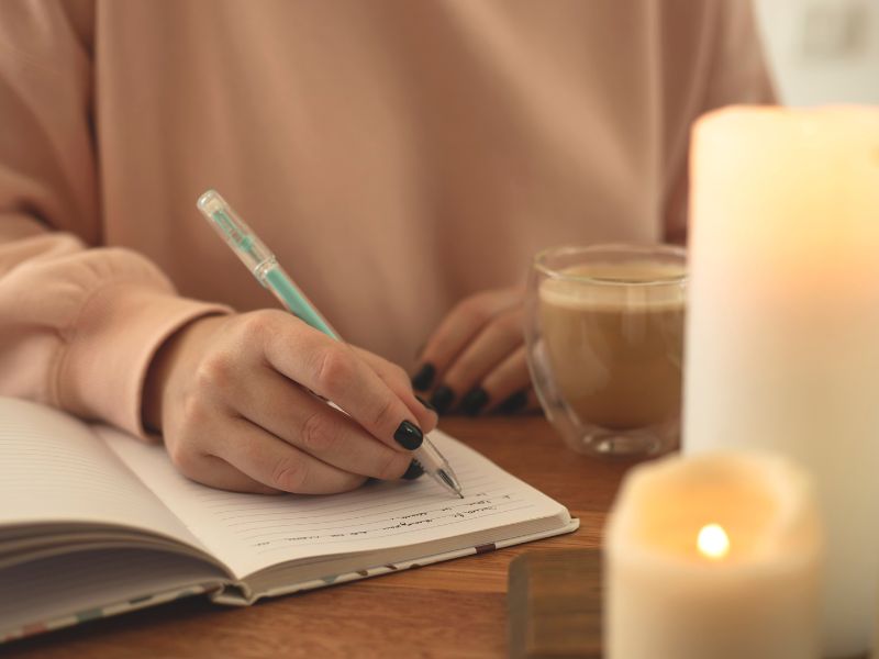 a woman's hand writes in a journal by candlelight