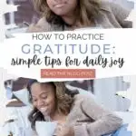 a woman lies on a bed and writes in a gratitude journal while holding a cup